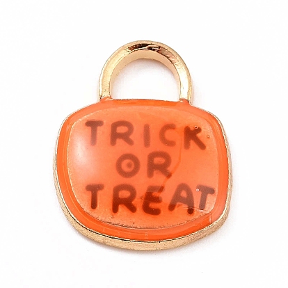 Alloy Enamel Pendants, Padlock with Word Trick or Treat Charm, for Halloween