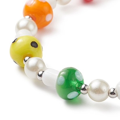 Lampwork Mushroom & Glass Pearl Beaded Bracelet with 304 Stainless Steel Toggle Clasps for Women
