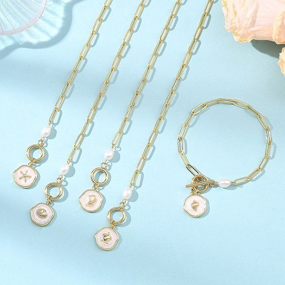 Pulseras con dijes de latón esmaltado con temática oceánica, 304 pulseras de cadena con clip de acero inoxidable para mujer, plano y redondo, con perla natural cultivada de agua dulce