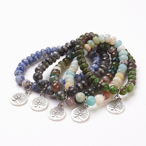 Природный драгоценный камень бисера браслеты шарма, со сплавочной фурнитурой, плоские круглые с деревом