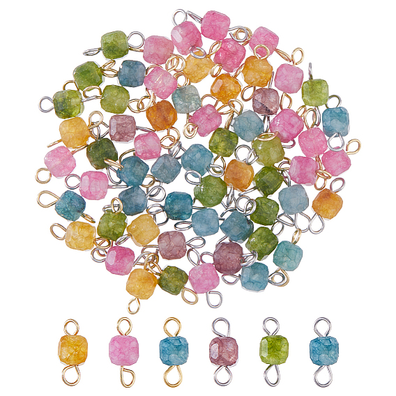 60Pcs 2 Colors Natural Colorful Tourmaline Faceted Table Cut Cube Links Connector Charms, with 304 Stainless Steel Double Loops