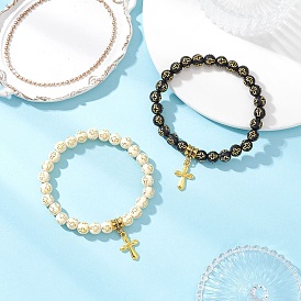 2шт 2 цвета сплава браслеты с подвесками, позолоченные акриловые круглые бусины эластичные браслеты для мужчин и женщин, крестик