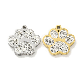 304 Stainless Steel Pendants, with Polymer Clay Crystal Rhinestone, Paw Print Charms