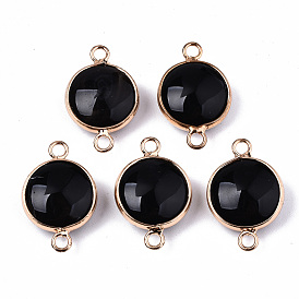 Gemstone Links Connectors, with Light Gold Plated Brass Findings, Flat Round