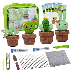 Cactus Display Decoration Needle Felting Kit, including Bag, Scissor, Pillow, Wool, Instruction Manual, Glue Stick, Wood Stamp and Finger Productor