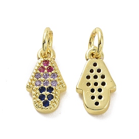 Brass Micro Pave Cubic Zirconia Charms, with Jump Ring, Real 18K Gold Plated, Hamsa Hand/Hand of Fatima/Hand of Miriam