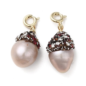 Natural Baroque Pearl Pendant Decorations, with Rhinestone and Rack Plating Brass Spring Ring Clasps, Oval