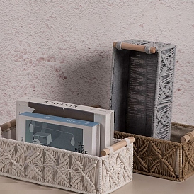 Handmade Woven Cotton Macrame Storage Basket, with Wooden Bar, Rectangle Storage Box