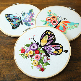 Butterfly & Flower Pattern DIY Embroidery Kits, Including Printed Canvas Fabric, Embroidery Thread & Needles, Imitation Bamboo Embroidery Hoop