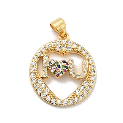 Enrubanneuse en laiton micro pavé en zirconium cubique pendentifs, plaqué longue durée, sans plomb et sans cadmium, bague ronde avec mot je t'aime
