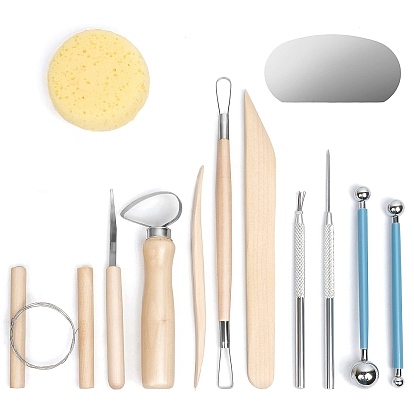Iron & Wood Clay Craft Tool Kits, including Scupture Tool, Ball Stylus Pen, Cleaning Sponge, Hole Punch Awl