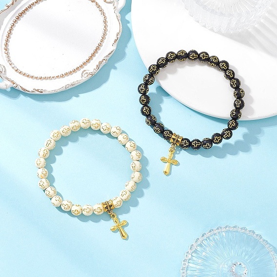 2шт 2 цвета сплава браслеты с подвесками, позолоченные акриловые круглые бусины эластичные браслеты для мужчин и женщин, крестик