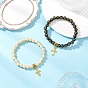 2шт 2 цвета сплава браслеты с подвесками, позолоченные акриловые круглые бусины эластичные браслеты для мужчин и женщин, крестик