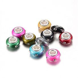 Resin Rhinestone European Beads, with Platinum Tone Brass Cores, Large Hole Beads, Rondelle