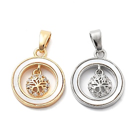 Brass Micro Pave Cubic Zirconia Pendants, with Shell, Ring with Snowflake Charm