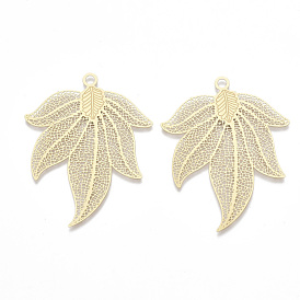Brass Big Pendants, Etched Metal Embellishments, Matte Style, Leaf