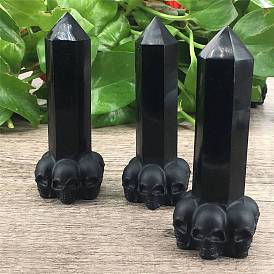Pointed Tower Natural Obsidian Healing Stone Wands, for Reiki Chakra Meditation Therapy Decoration, Skull Hexagonal Prism