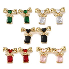 Rack Plating Real 18K Gold Plated Brass Bowknot with Rectangle Dangle Stud Earrings, with Cubic Zirconia and Rhinestone, Long-Lasting Plated, Lead Free & Cadmium Free