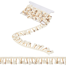 3Yards Cotton & Shell & Wood Beaded Trim Ribbon, for Garment Accessories, 1Pc Cardboard Display Card