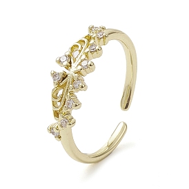 Rack Plating Brass Micro Pave Cubic Zirconia Open Cuff Ring, Flower