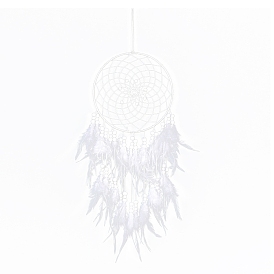 Woven Web/Net with Feather Wall Hanging Decorations, with Iron Ring and Wood Beads, for Home Bedroom Decorations