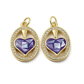 Brass Micro Pave Cubic Zirconia Pendants, Cadmium Free & Lead Free, with Enamel Shell, Oval with Heart