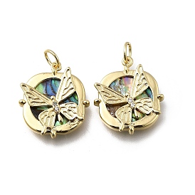 Латунные микро-паве прозрачные кубические цирконии с подвесками из натуральной ракушки пауа, квадрат с узором бабочки, без кадмия и без свинца, долговечный, стойки покрытие, с целью перехода в кольце