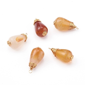 Natural Crackle Agate Pendant, with Real 18K Gold Plated Eco-Friendly Copper Wire Copper Beading Wire Findings, Teardrop