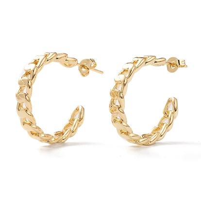 Semicircular Brass Half Hoop Earrings, Stud Earrings, with Ear Nuts, Long-Lasting Plated, Curb Chain Shape
