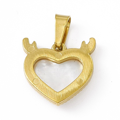 Natural Shell Heart Charms with Antler, with Vacuum Plating 304 Stainless Steel Findings