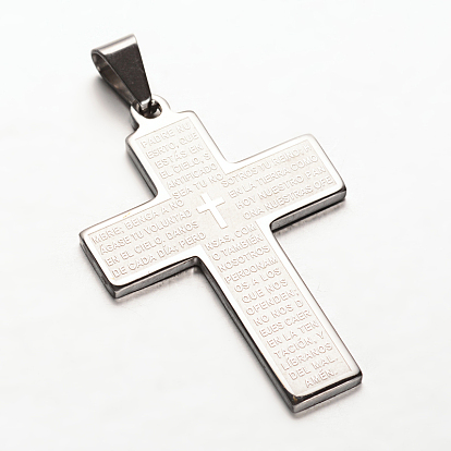 Cross with Words 304 Stainless Steel Pendants, 44x30x2mm, Hole: 4x8mm