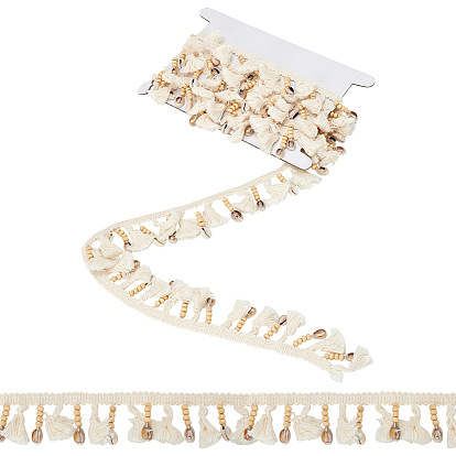 3Yards Cotton & Shell & Wood Beaded Trim Ribbon, for Garment Accessories, 1Pc Cardboard Display Card