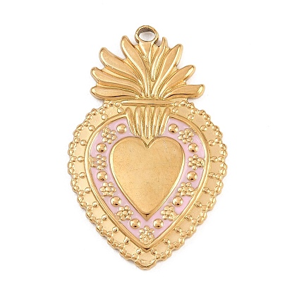 День святого Валентина 304 подвески из нержавеющей стали с розовой эмалью, Подвески в виде сердечек с узором из травы