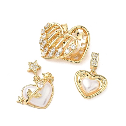 Латунные микро проложить кубического циркония подвески, сердце, с ABS имитации жемчуга, без кадмия и без свинца, долговечный, стойки покрытие
