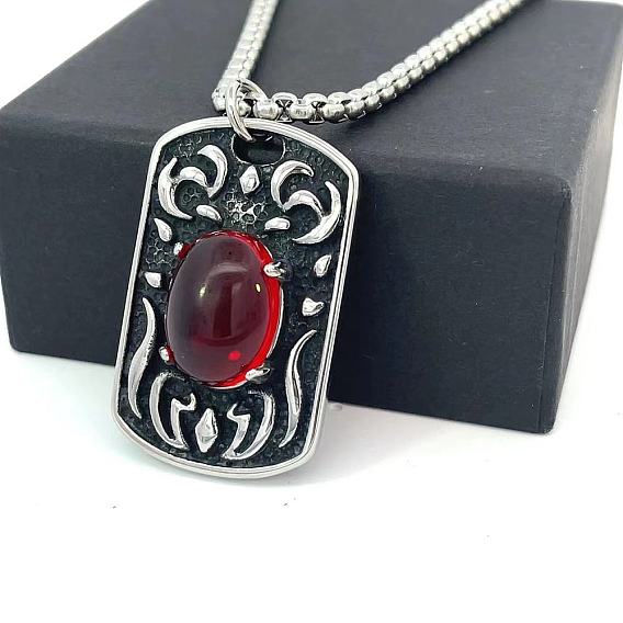 Ожерелья из нержавеющей стали с прямоугольным кулоном и рубиновыми стразами для женщин и мужчин