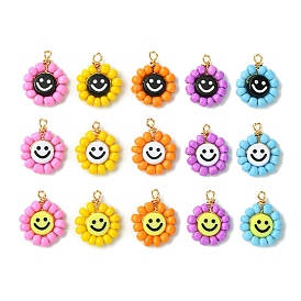 15 Pcs Acrylic Glass Seed Beaded Pendants, Flat Round with Smiling Face