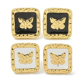 Square with Butterfly Ion Plating(IP) 304 Stainless Steel Stud Earrings, with Enamel for Women, Polishing