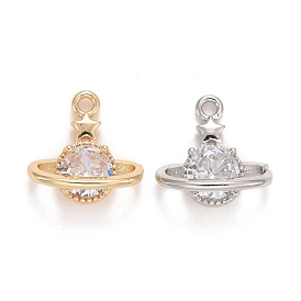 Rack Plating Brass Micro Pave Clear Cubic Zirconia Charms, Long-Lasting Plated, Lead Free & Cadmium Free, Planet
