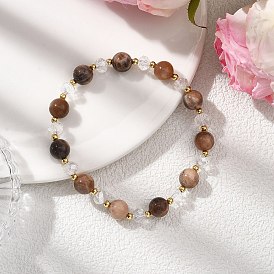 Женские браслеты из бусин натурального черного лунного камня, круглые, с гальваническим стеклом и латунью