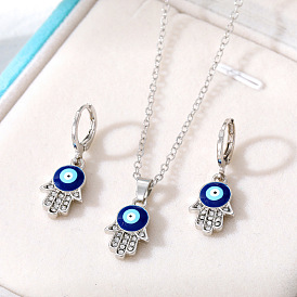 Devil Eye Jewelry Set: Hand Oil-Dripped Pendant, Alloy Diamond-Studded Earrings & Sweater Chain