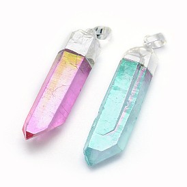 Pendentifs pointus en cristal de quartz naturel à facettes, avec accessoires en laiton, de couleur plaquée ab , balle, argenterie