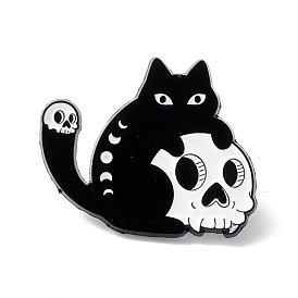 Skull with Cat  Enamel Pin, Halloween Alloy Brooch for Backpack Clothes, Electrophoresis Black