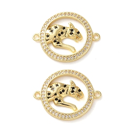 Rack Plating Brass Black Cubic Zirconia Flat Round with Leopard Connector Charms, Long-Lasting Plated, Lead Free & Cadmium Free