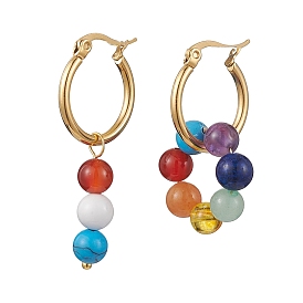 7 Chakra Theme Natural Mixed Gemstone Asymmetrical Earrings, 304 Stainless Steel Dangle Hoop Earrings