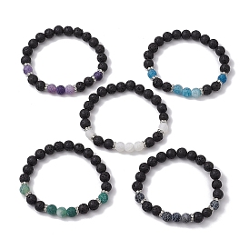 Natural Weathered Agate Stretch Bracelets, with Natural Lava Rock Beads, Round