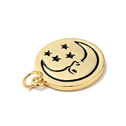 Rack Plating Brass Enamel Pendants, with Jump Ring, Cadmium Free & Nickel Free & Lead Free, Flat Round with Moon & Star