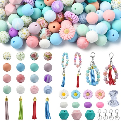 Kits de fabrication de porte-clés bricolage, y compris des perles en silicone et des pendentifs à pompons en faux daim
