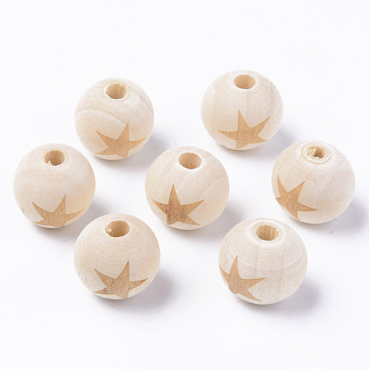 Unfinished Natural Wood European Beads, Large Hole Beads, for DIY Painting Craft, Laser Engraved Pattern, Round with Star Pattern