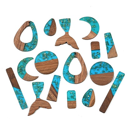 Walnut Wood & Transparent Resin & Gold Foil Pendants, Mixed Shapes Charm