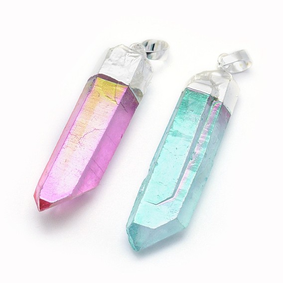 Faceted Natural Quartz Crystal Pointed Pendants, with Brass Finding, AB Color Plated, Bullet, Silver